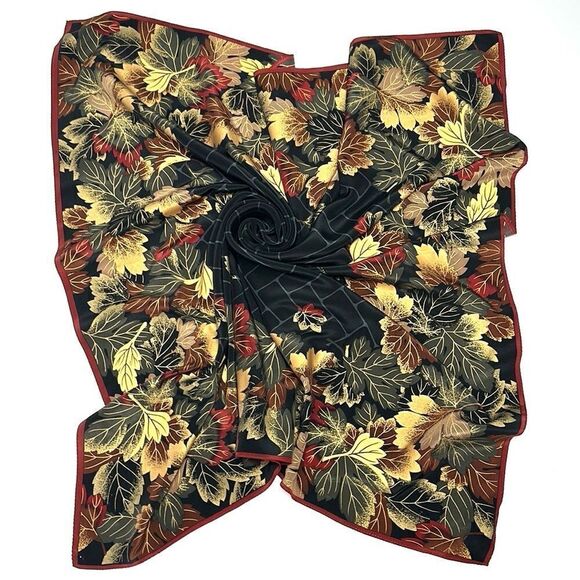 Boston Museum of Fine Arts Silk Scarf Black with Colorful Fall Leaves Print - Picture 1 of 13